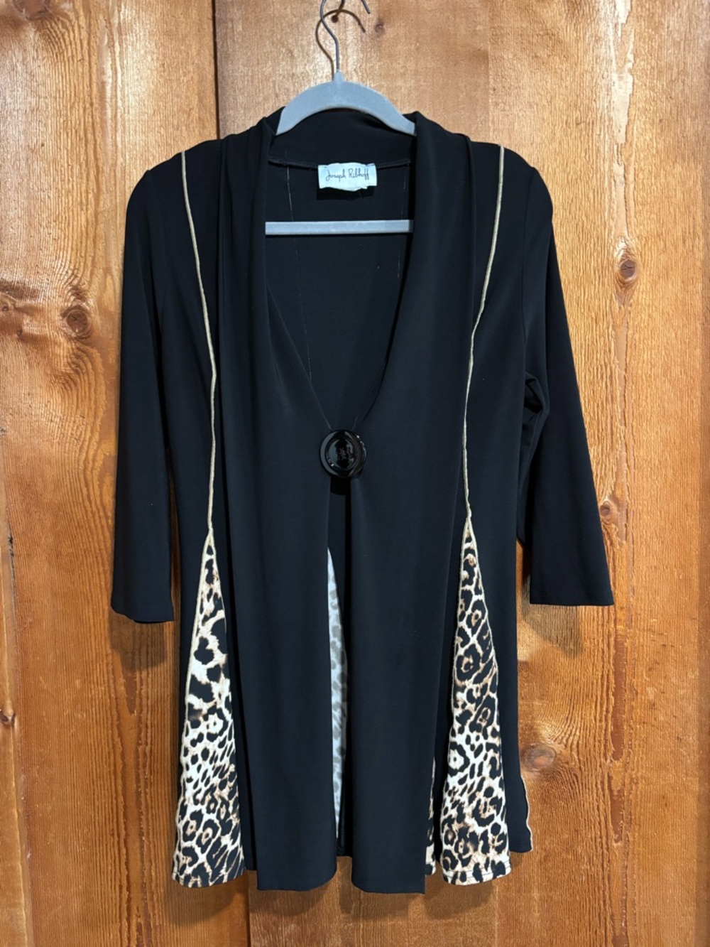 Joseph Ribkoff Black Leopard Print Godet Inset Single Button Cardigan Jacket